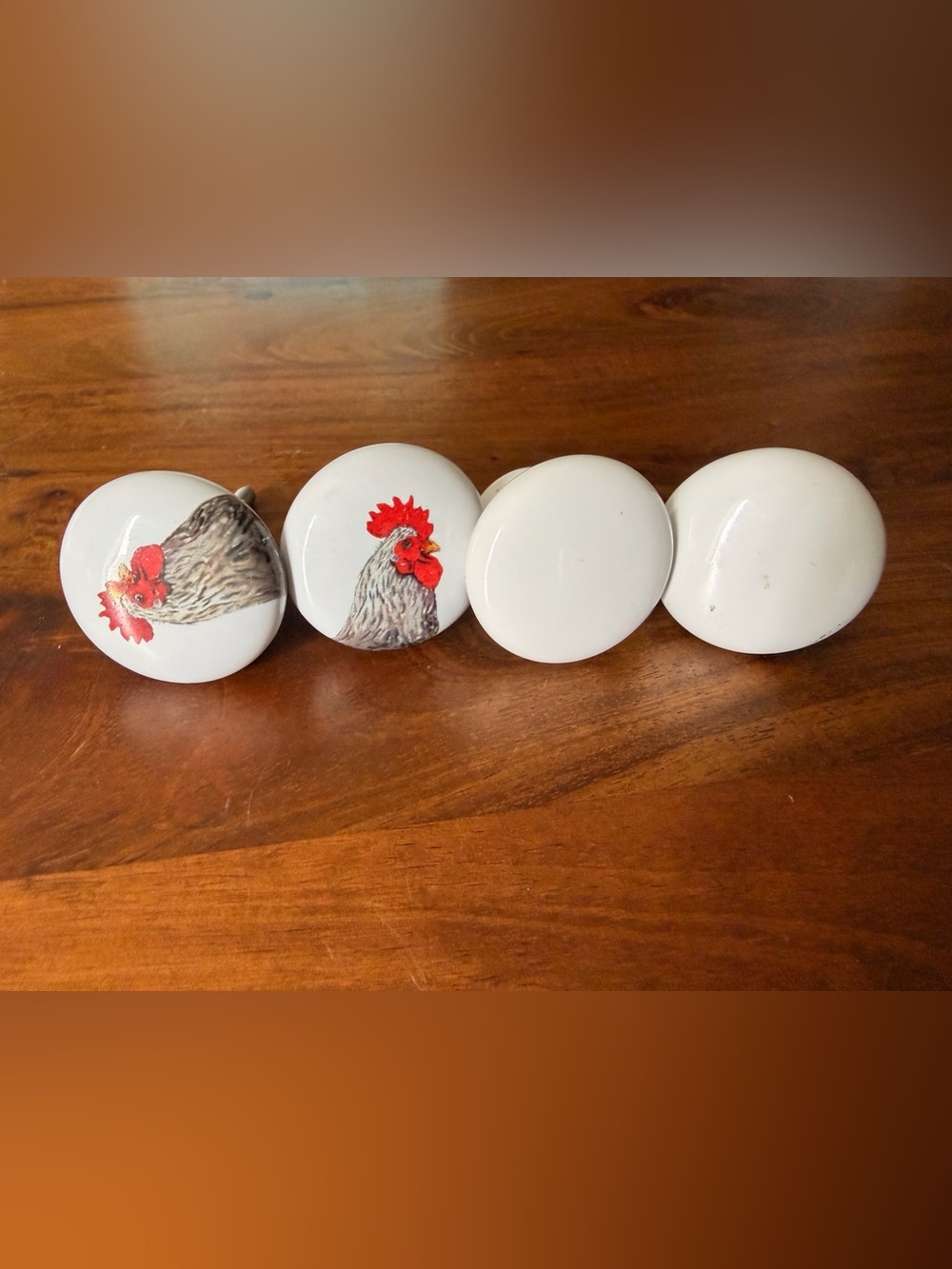 White Rooster Knobs - Red Accent